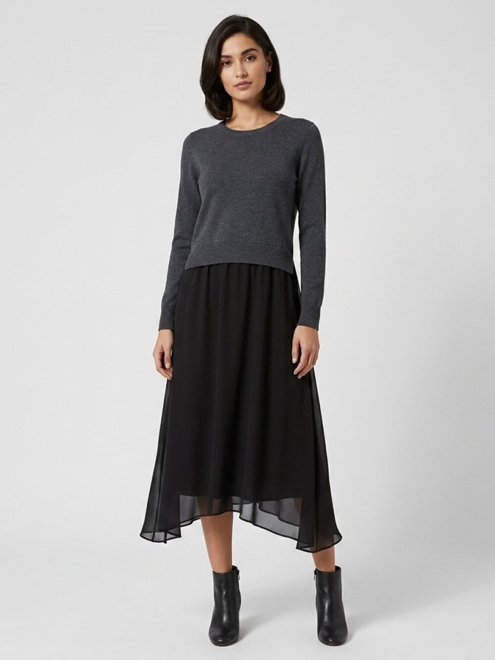 French Connection Cotton Long Sleeve w/ Sheer Skirt - Grey & Black - US M